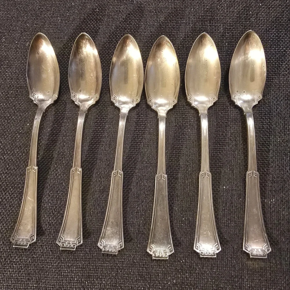 X6 Oneida GRECIAN Silverplate Dessert Spoon Rogers Greek Key Flatware 5 3/4